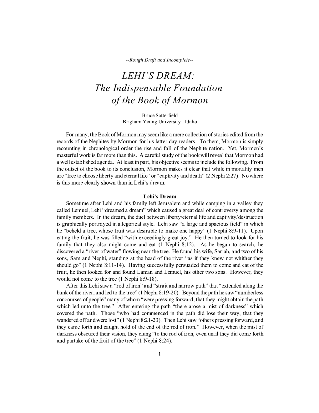 LEHI's DREAM: the Indispensable Foundation of the Book of Mormon