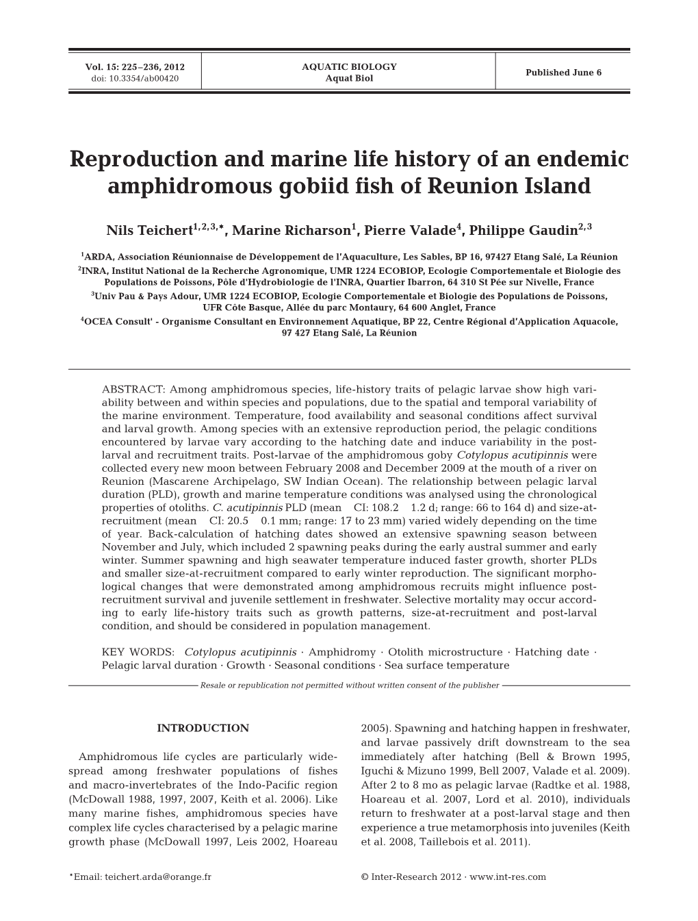 Reproduction and Marine Life History of an Endemic Amphidromous Gobiid Fish of Reunion Island