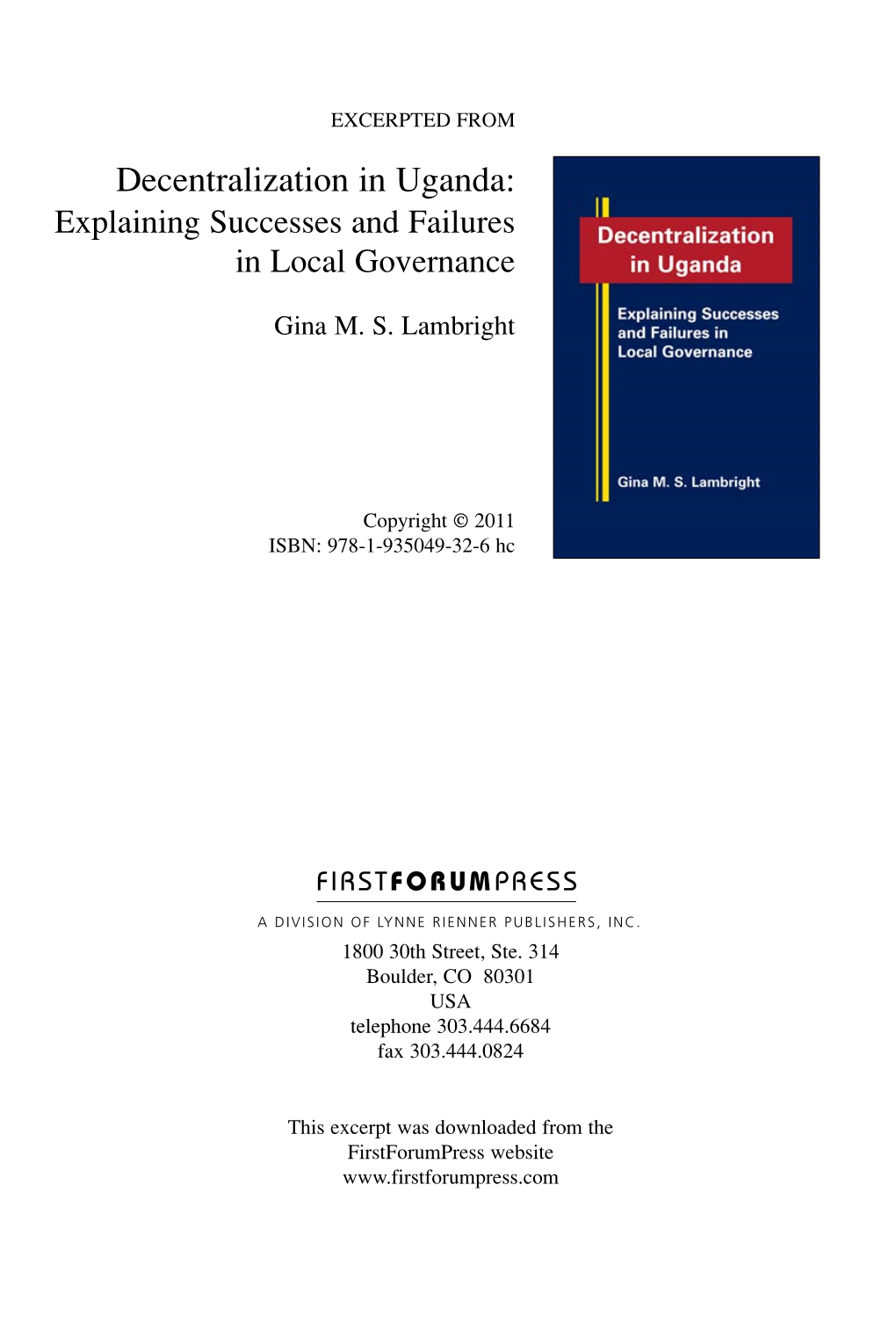 Decentralization in Uganda: Explaining Successes and Failures in Local Governance