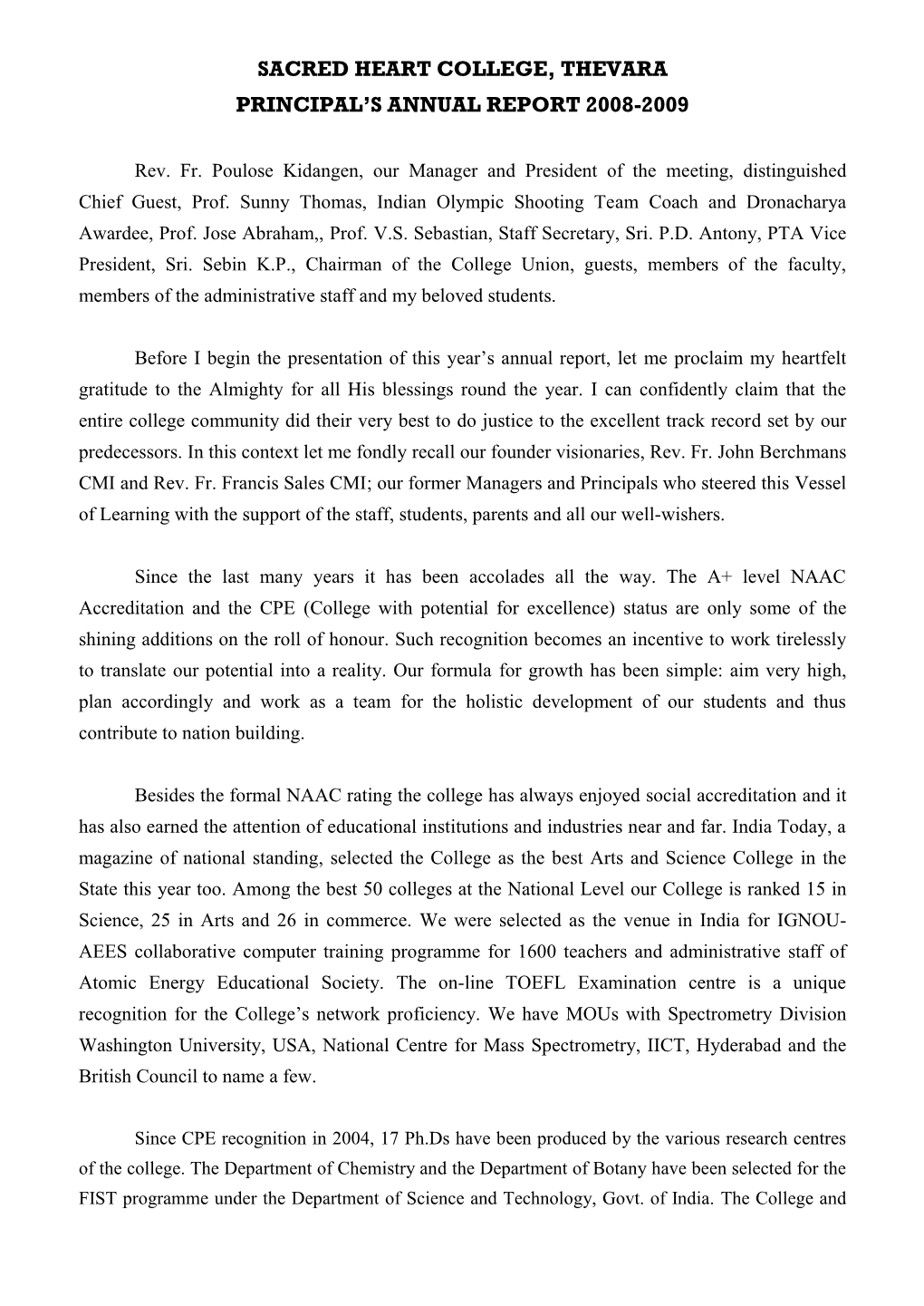 Sacred Heart College, Thevara Principal's Annual Report 2008-2009