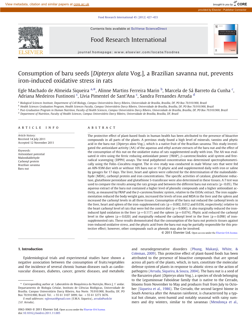 Consumption of Baru Seeds [Dipteryx Alata Vog.], a Brazilian Savanna Nut, Prevents Iron-Induced Oxidative Stress in Rats
