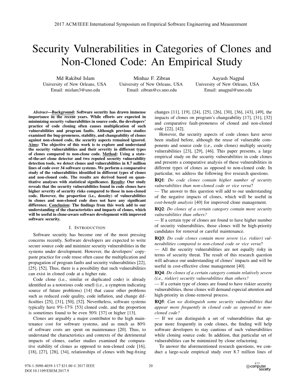 Security Vulnerabilities in Categories of Clones and Non-Cloned Code: an Empirical Study