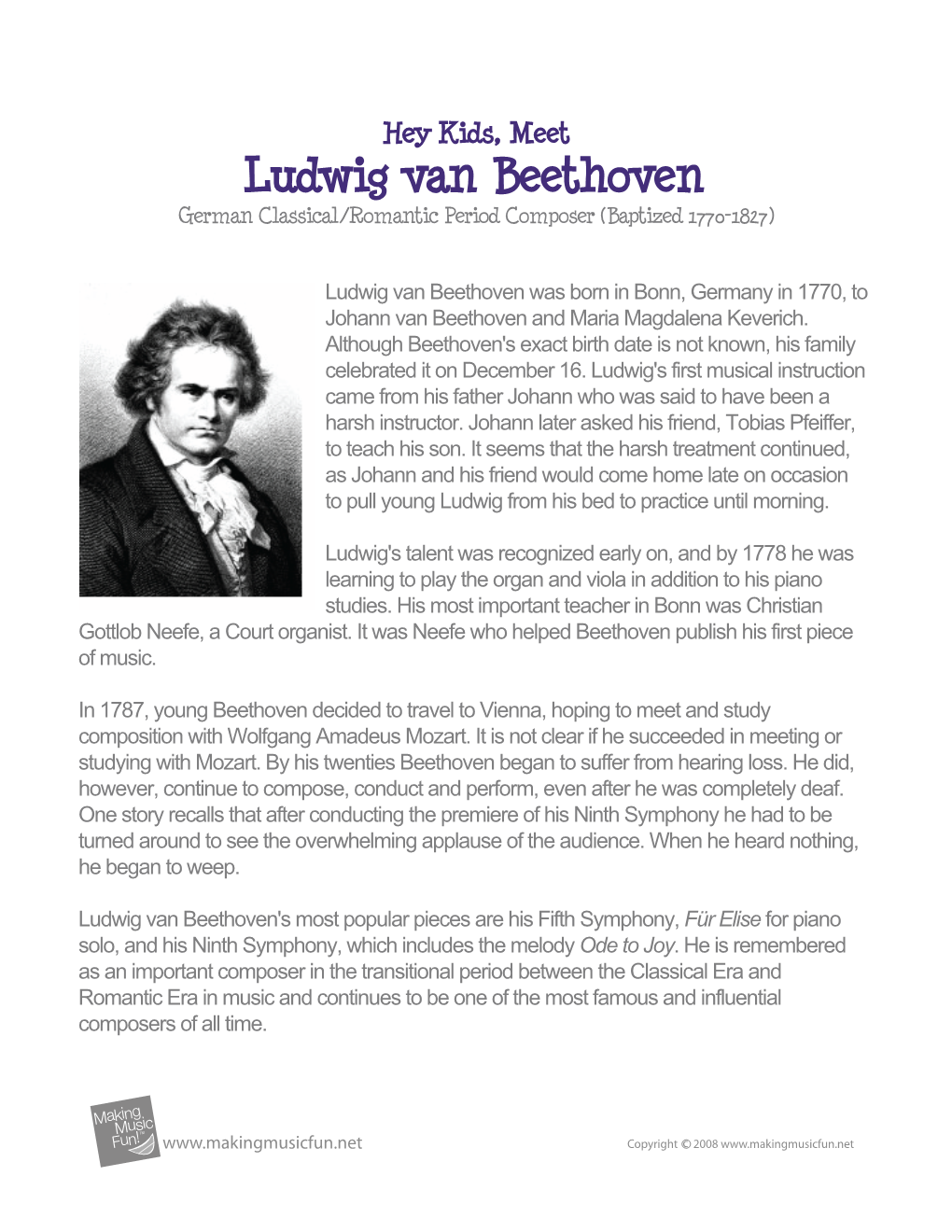 Ludwig Van Beethoven German Classical/Romantic Period Composer (Baptized 1770-1827)