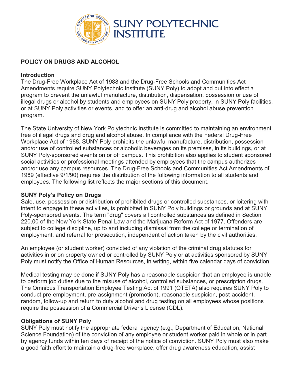 Policy on Drugs and Alcohol