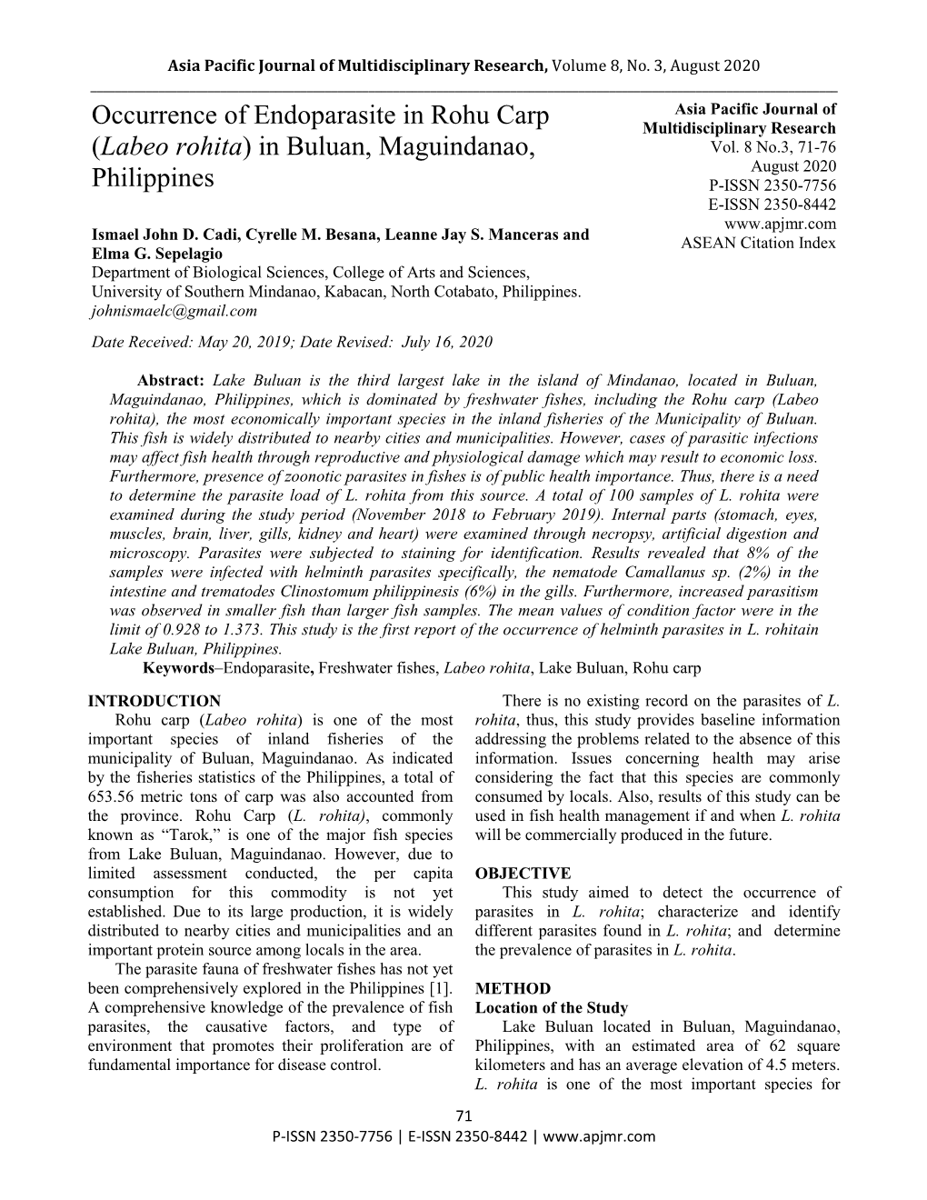 Occurrence of Endoparasite in Rohu Carp (Labeo Rohita) in Buluan
