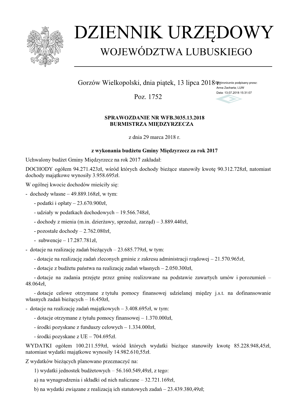 Sprawozdanie Nr WFB.3035.13.2018 Z Dnia 29 Marca 2018 R