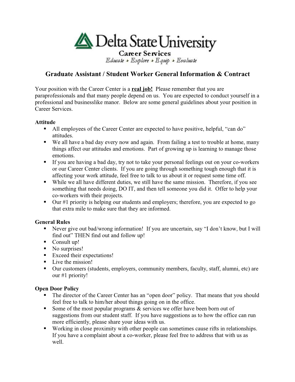 Graduate Assistant / Student Worker General Information & Contract