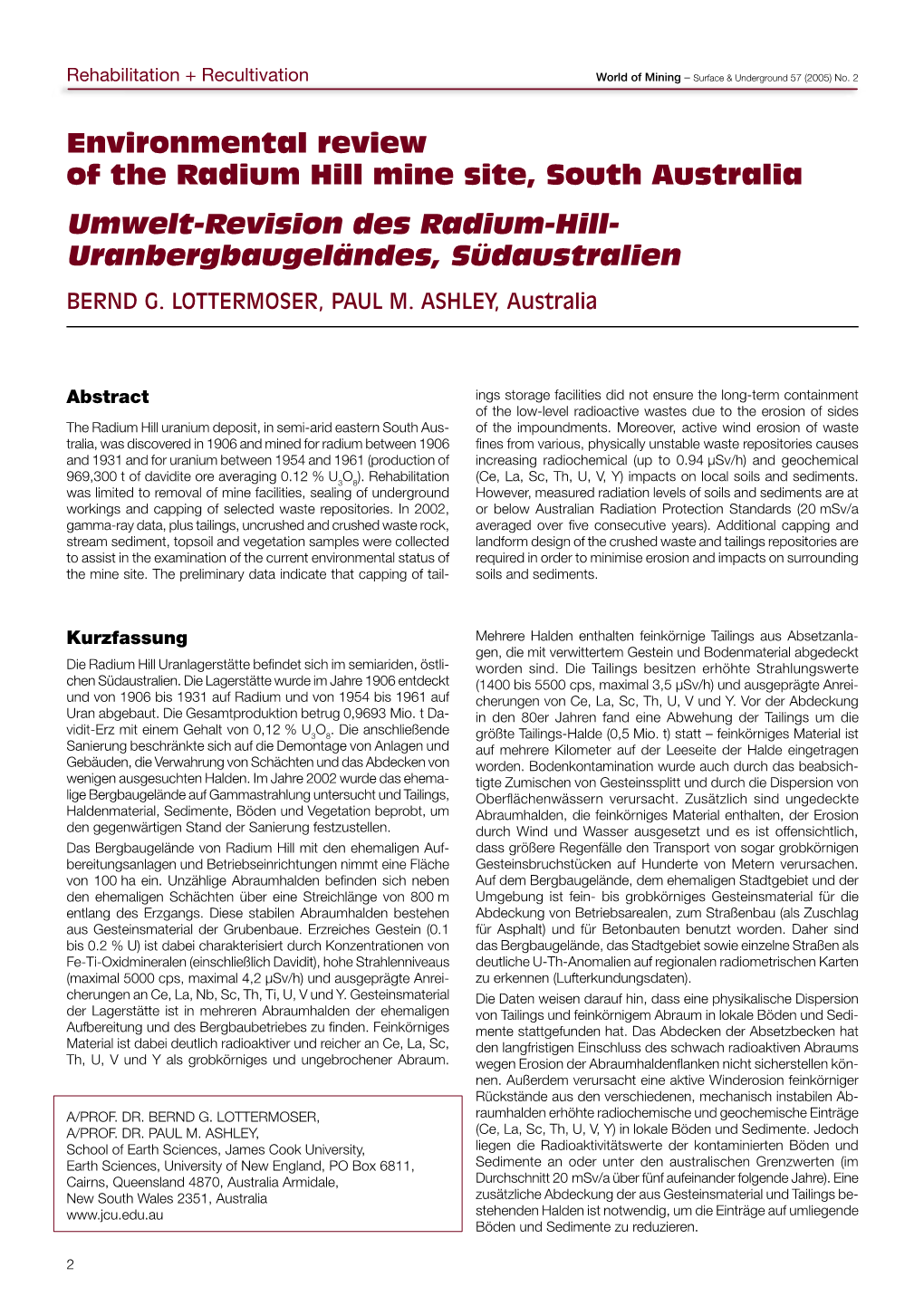 Environmental Review of the Radium Hill Mine Site, South Australia Umwelt-Revision Des Radium-Hill- Uranbergbaugeländes, Südaustralien BERND G