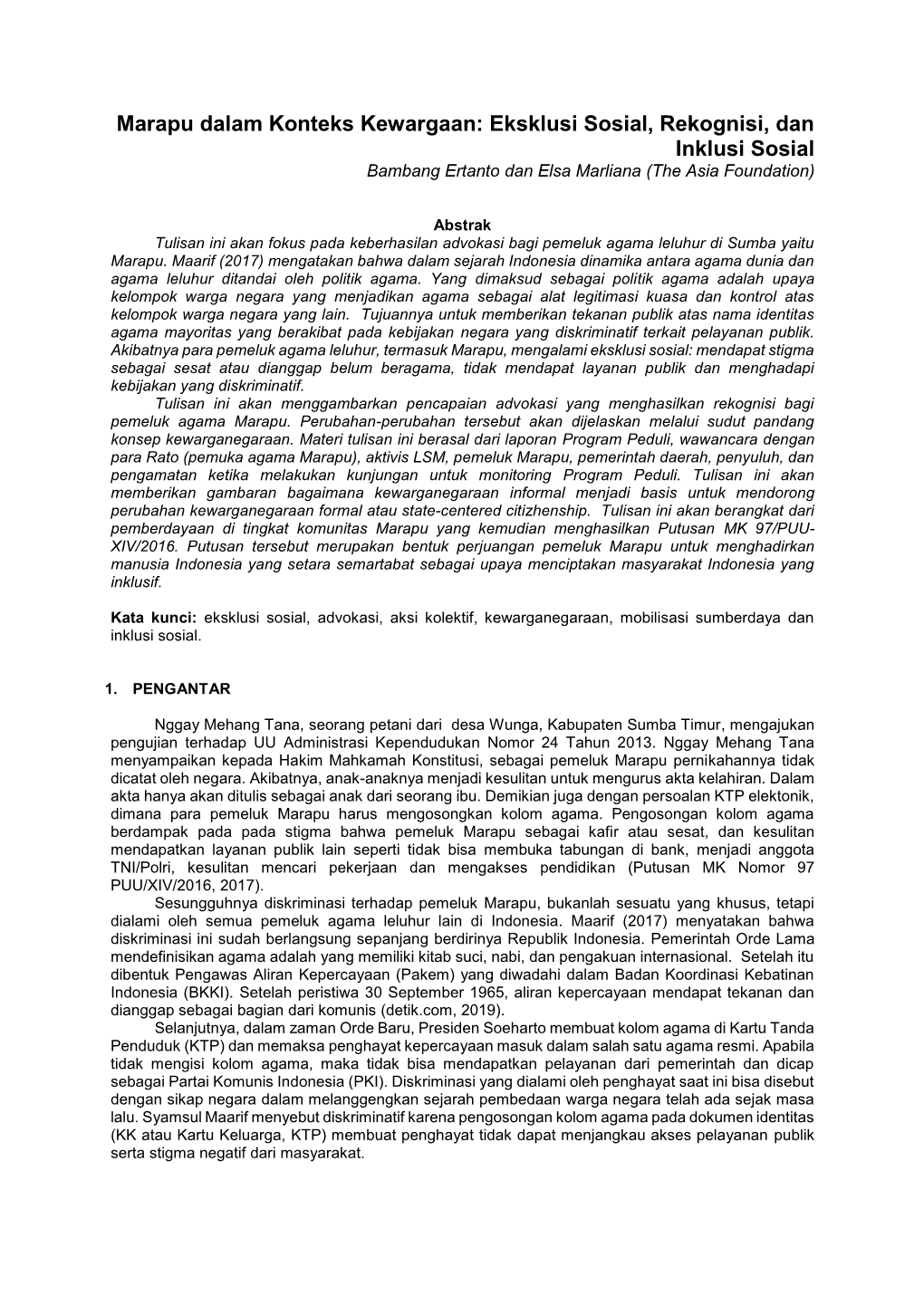 Marapu Dalam Konteks Kewargaan: Eksklusi Sosial, Rekognisi, Dan Inklusi Sosial Bambang Ertanto Dan Elsa Marliana (The Asia Foundation)