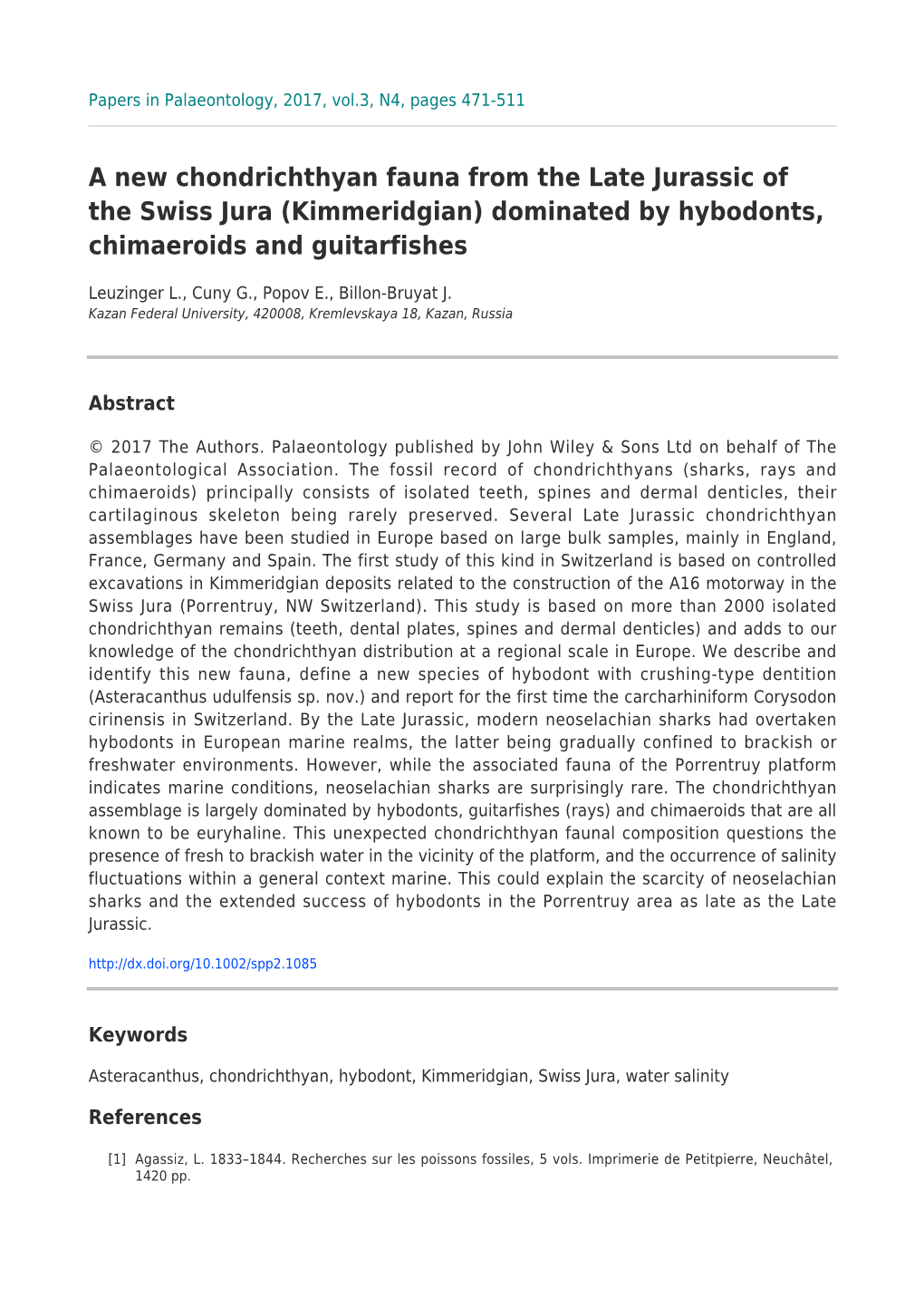 A New Chondrichthyan Fauna from the Late Jurassic of the Swiss Jura (Kimmeridgian) Dominated by Hybodonts, Chimaeroids and Guitarfishes