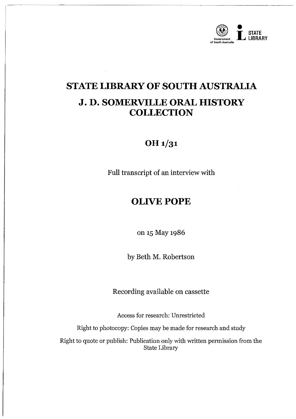 State Library of South Australia J. D. Somerville Oral History Collection
