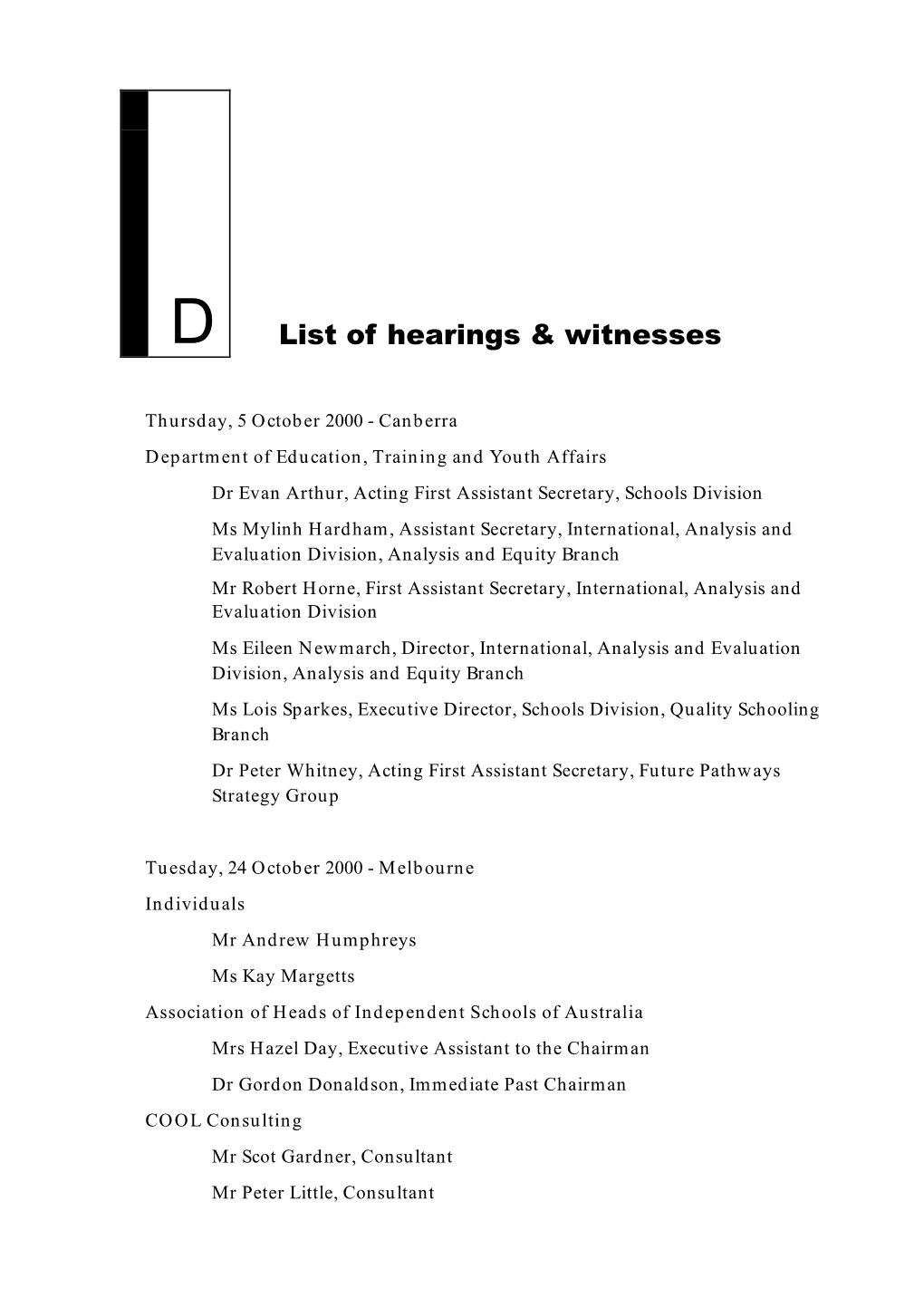 Appendix D: List of Hearings and Witnesses