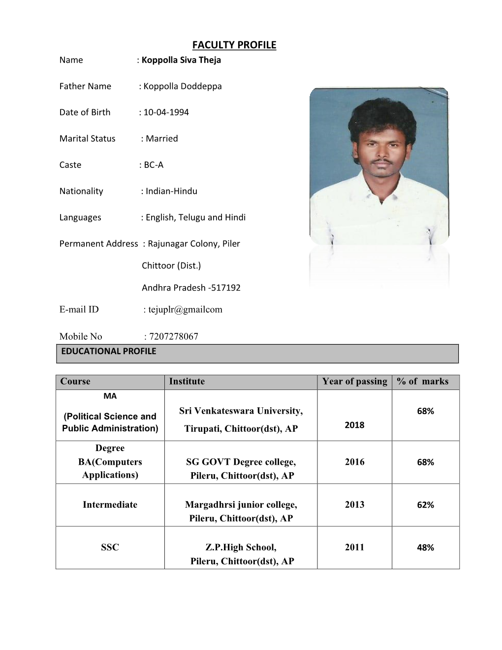 FACULTY PROFILE Name : Koppolla Siva Theja