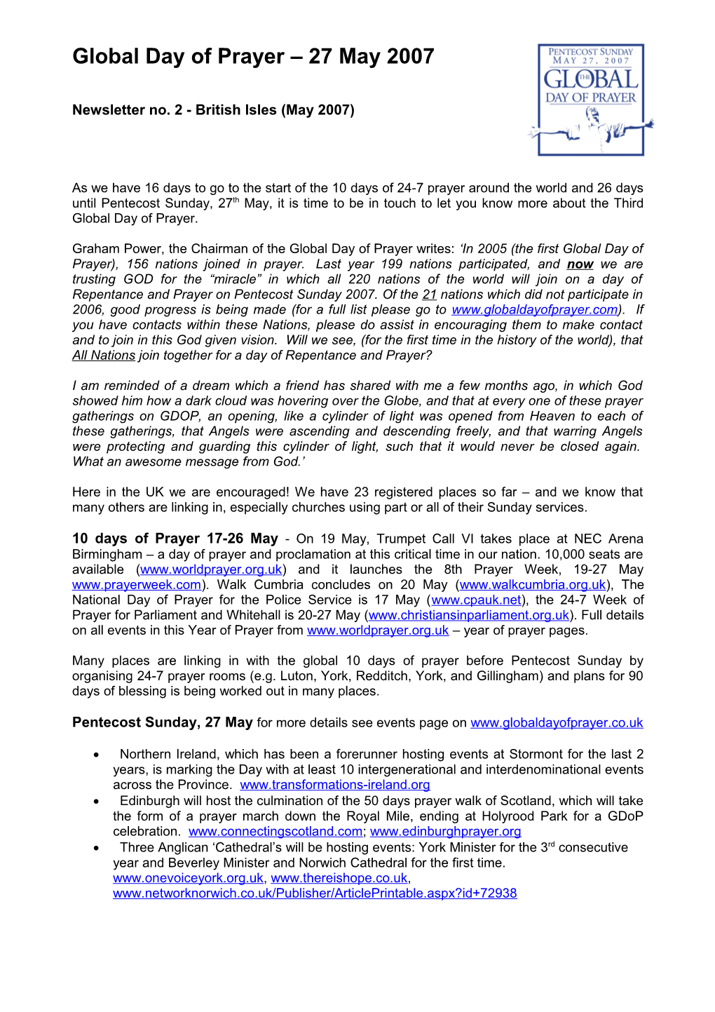 Draft UK Global Day of Prayer Newsletter November 2006