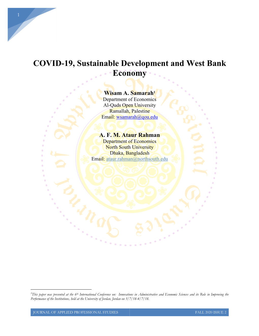 COVID-19, Sustainable Development and West Bank Economy