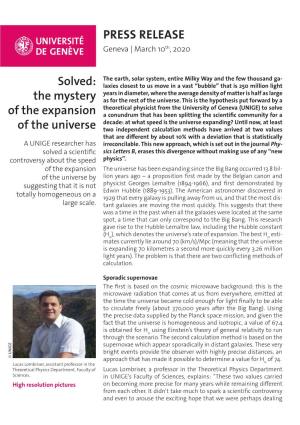 PRESS RELEASE Solved: the Mystery of the Expansion of the Universe