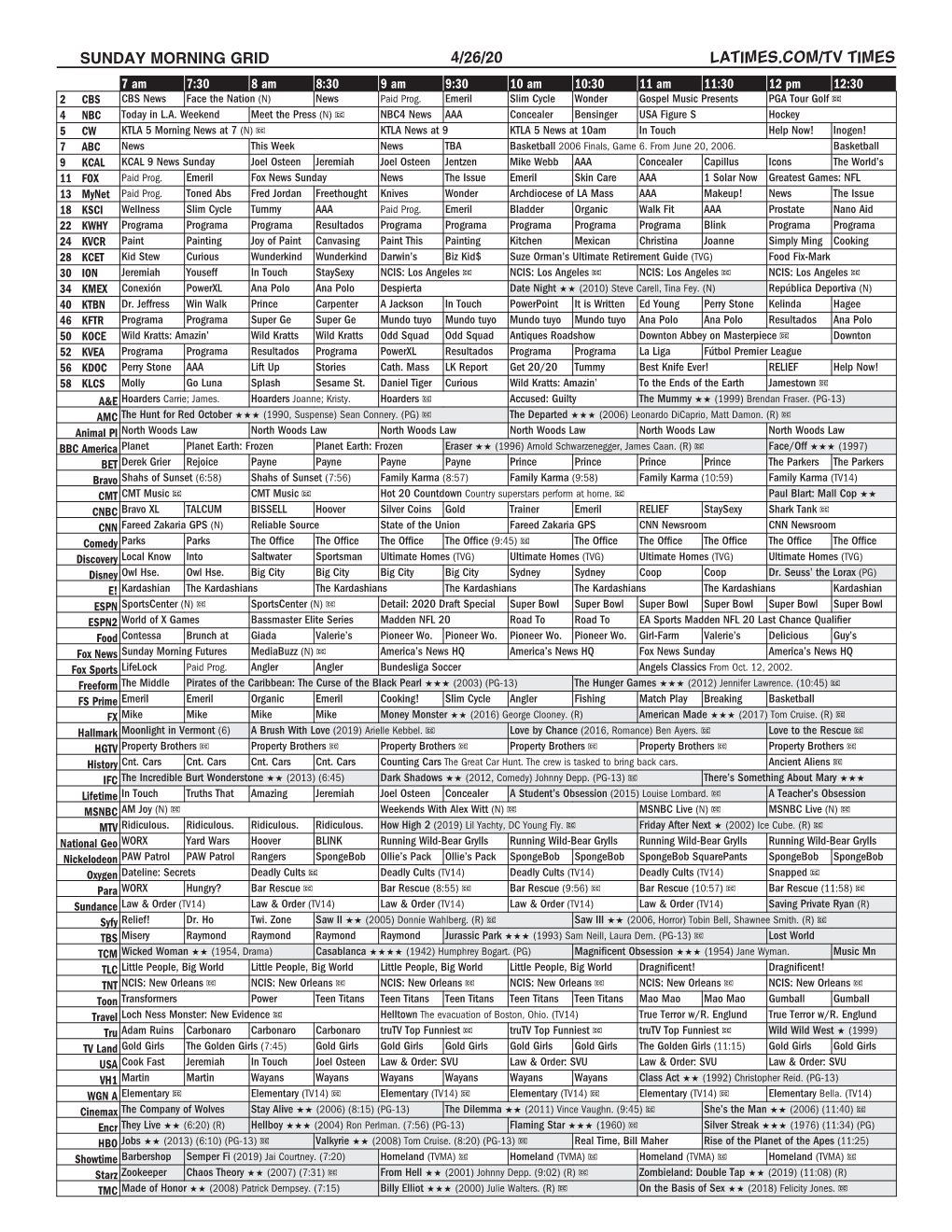 SUNDAY MORNING GRID 4/26/20 LATIMES.COM/TV TIMES 7 Am 7:30 8 Am 8:30 9 Am 9:30 10 Am 10:30 11 Am 11:30 12 Pm 12:30 2 CBS CBS News Face the Nation (N) News Paid Prog