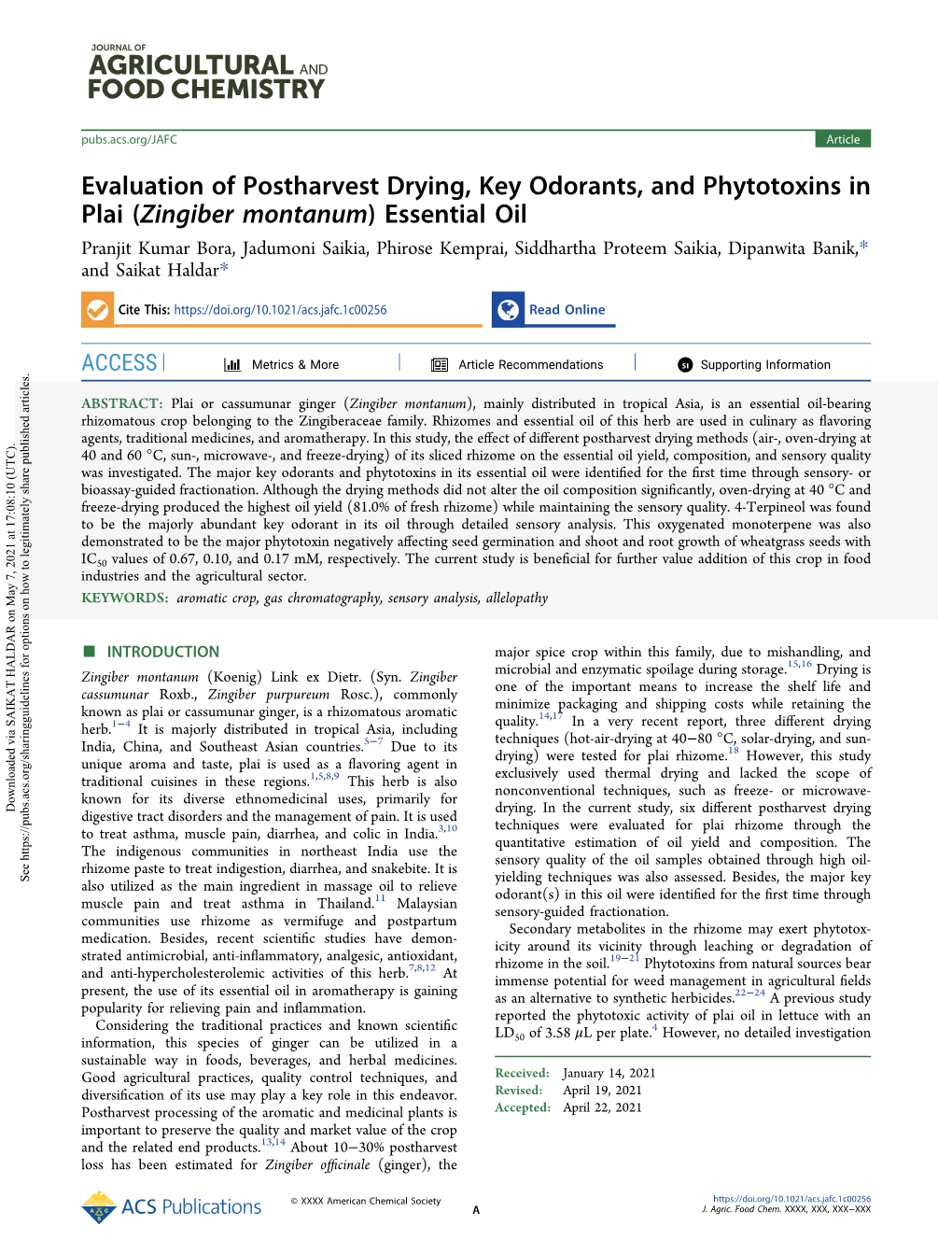 Evaluation of Postharvest Drying, Key Odorants, and Phytotoxins in Plai