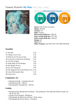 Tammy Wynette My Man Mp3, Flac, Wma