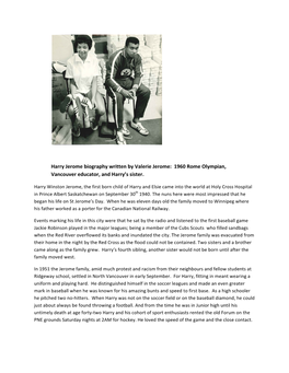 Harry Jerome Biography Written by Valerie Jerome: 1960 Rome Olympian, Vancouver Educator, and Harry’S Sister