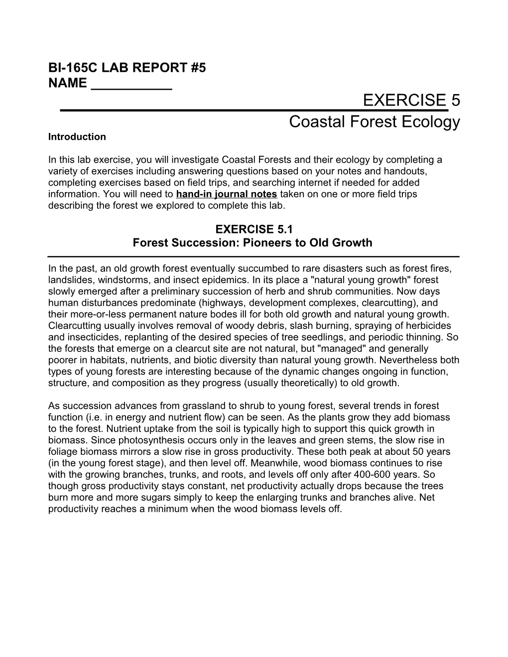 Lab Topic 5: Coastal Forest Ecology 2