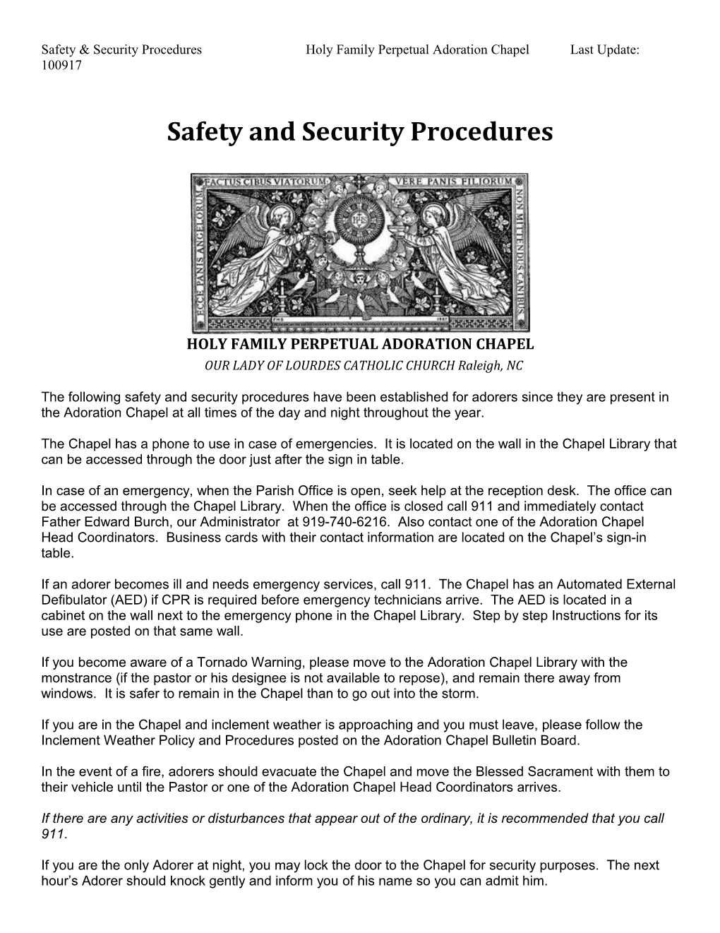 Safety & Security Procedures Holy Family Perpetual Adoration Chapellast Update: 100917