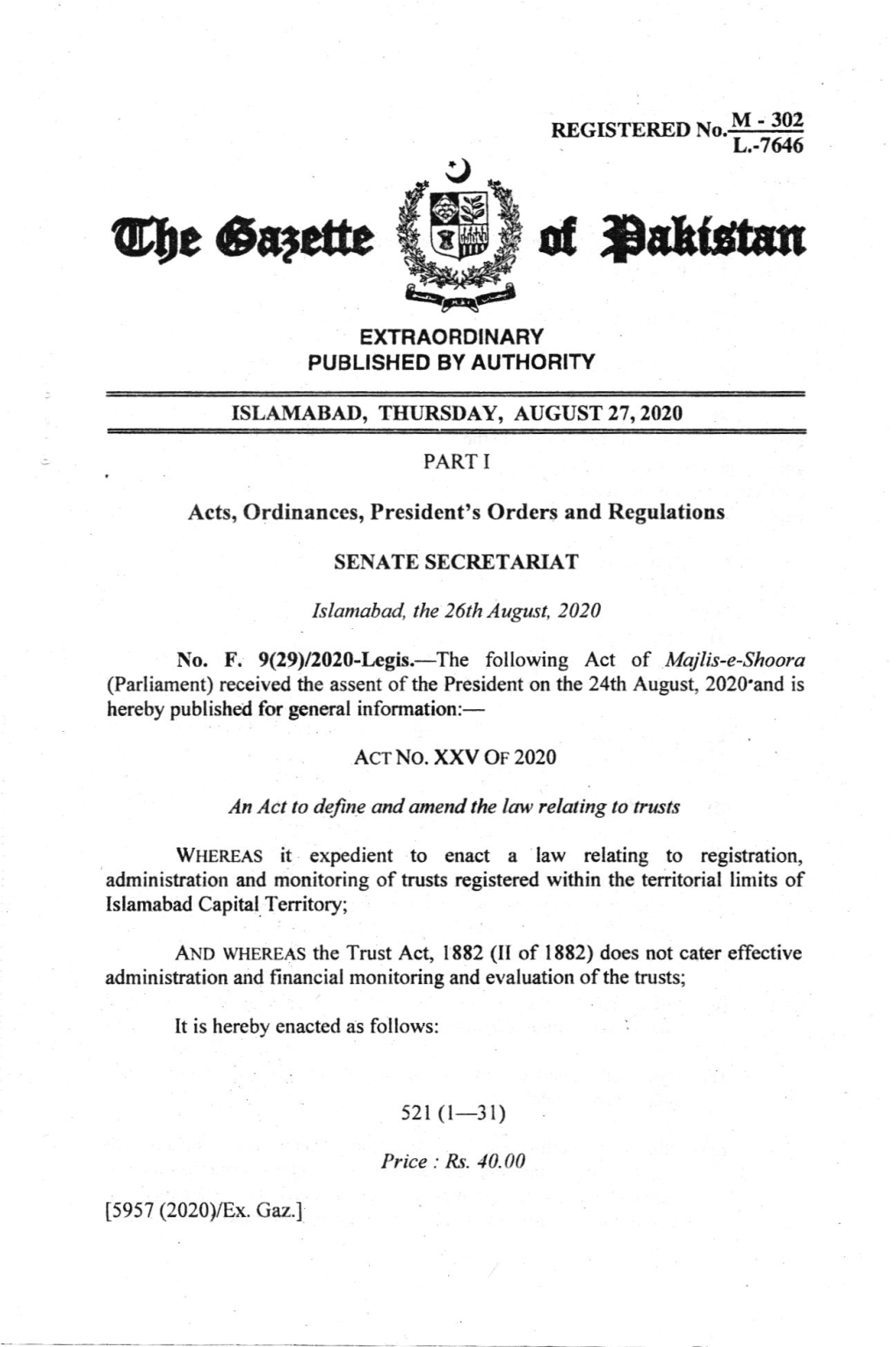 The Islamabad Capital Territory Trust Act, 2020