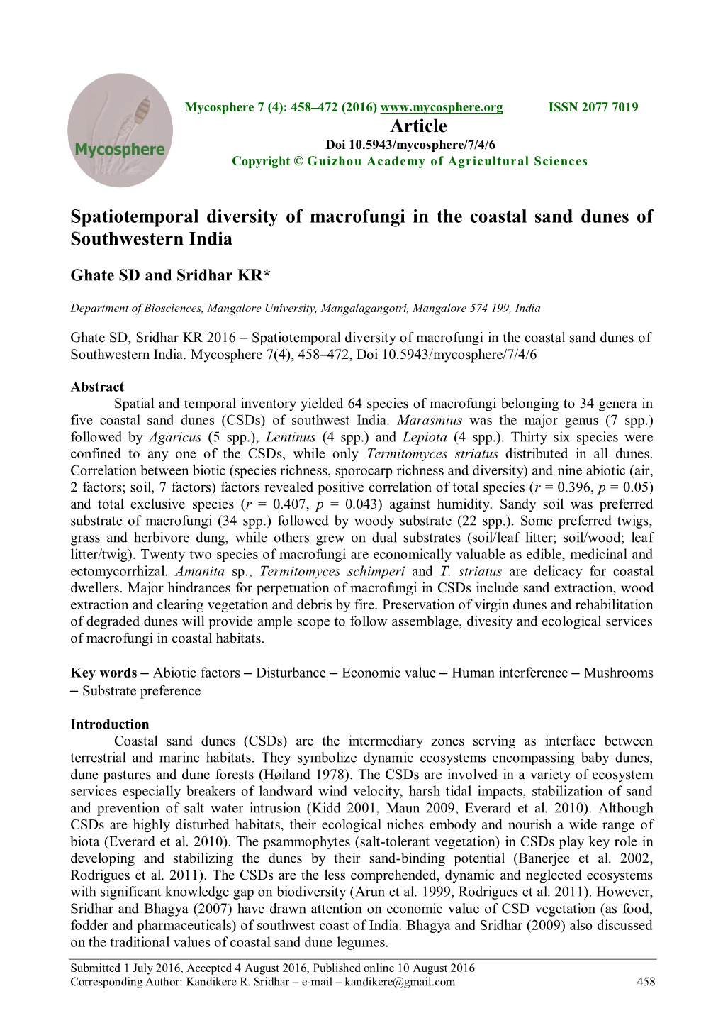 Spatiotemporal Diversity of Macrofungi in the Coastal Sand Dunes of Southwestern India