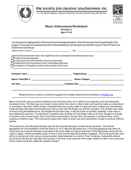 Music Achievement Worksheet Division 1 Ages 5 to 8