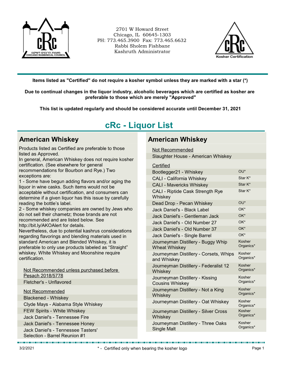 Crc - Liquor List American Whiskey American Whiskey Products Listed As Certified Are Preferable to Those Not Recommended Listed As Approved