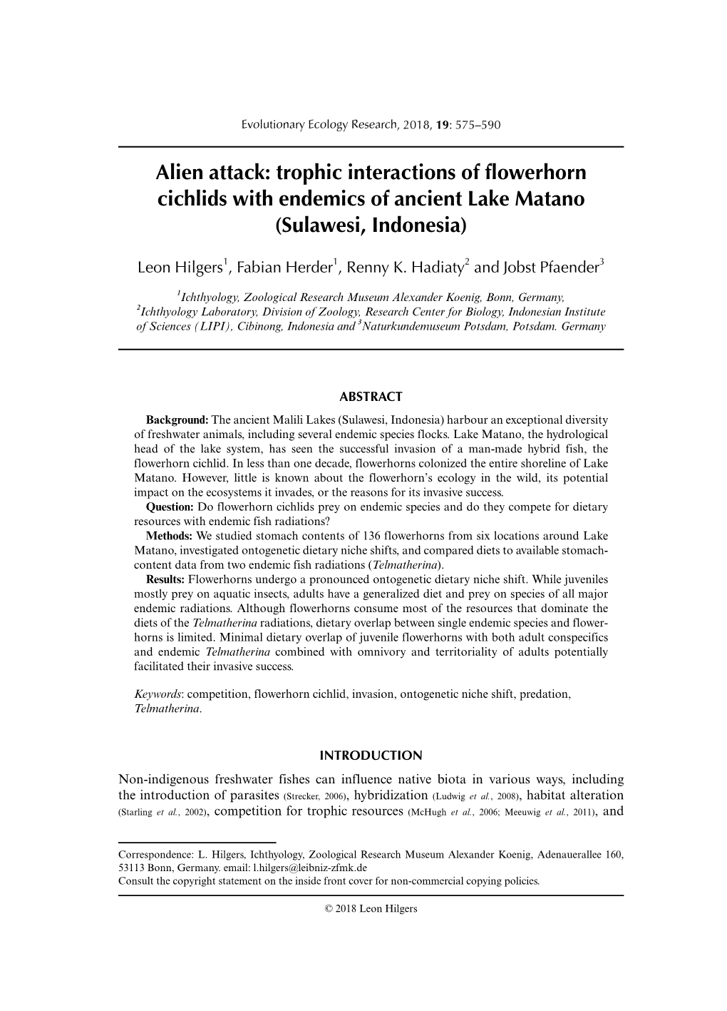 Trophic Interactions of Flowerhorn Cichlids with Endemics of Ancient Lake Matano (Sulawesi, Indonesia)