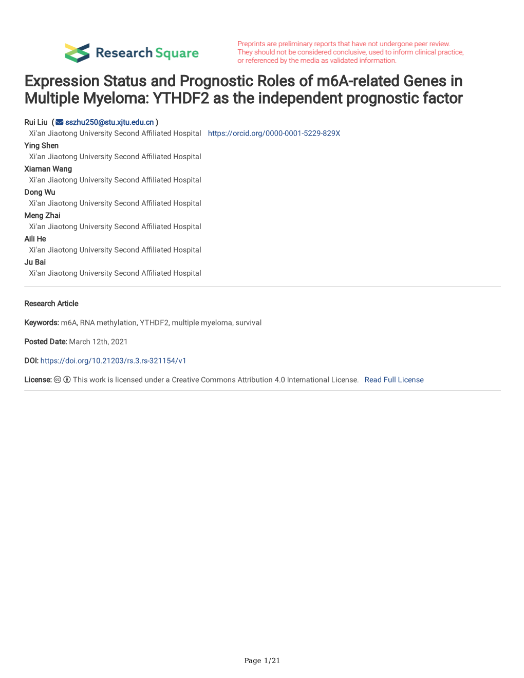 Expression Status and Prognostic Roles of M6a-Related Genes in Multiple Myeloma: YTHDF2 As the Independent Prognostic Factor