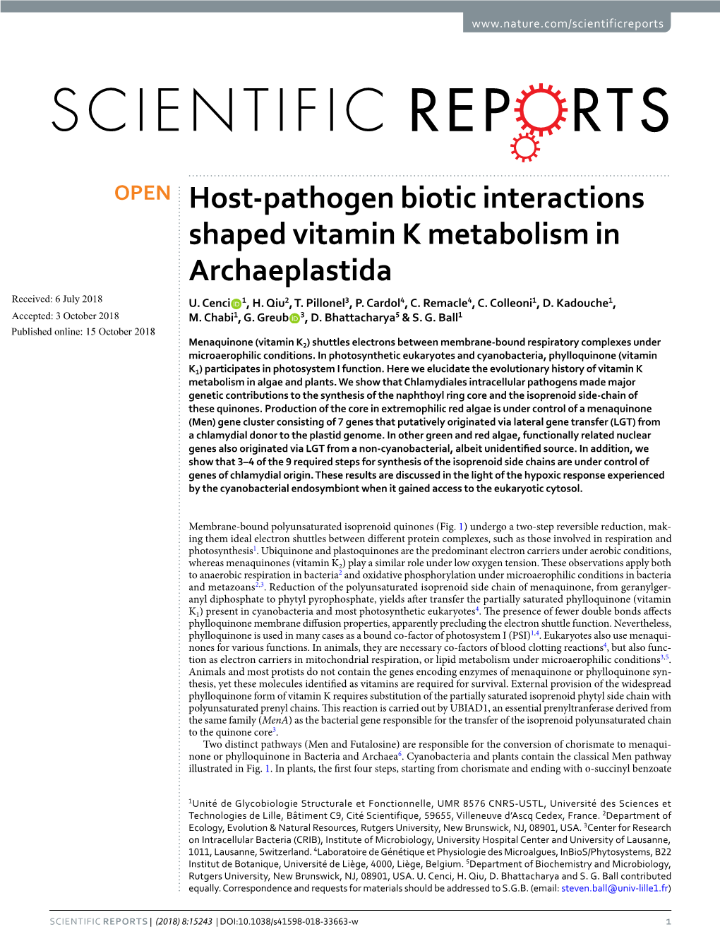 Host-Pathogen Biotic Interactions Shaped Vitamin K Metabolism in Archaeplastida Received: 6 July 2018 U