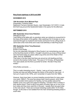 Ring Ouzel Sightings in 2010 and 2009