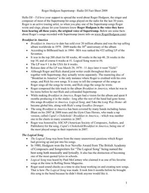 Roger Hodgson Supertramp - Radio DJ Fact Sheet 2009