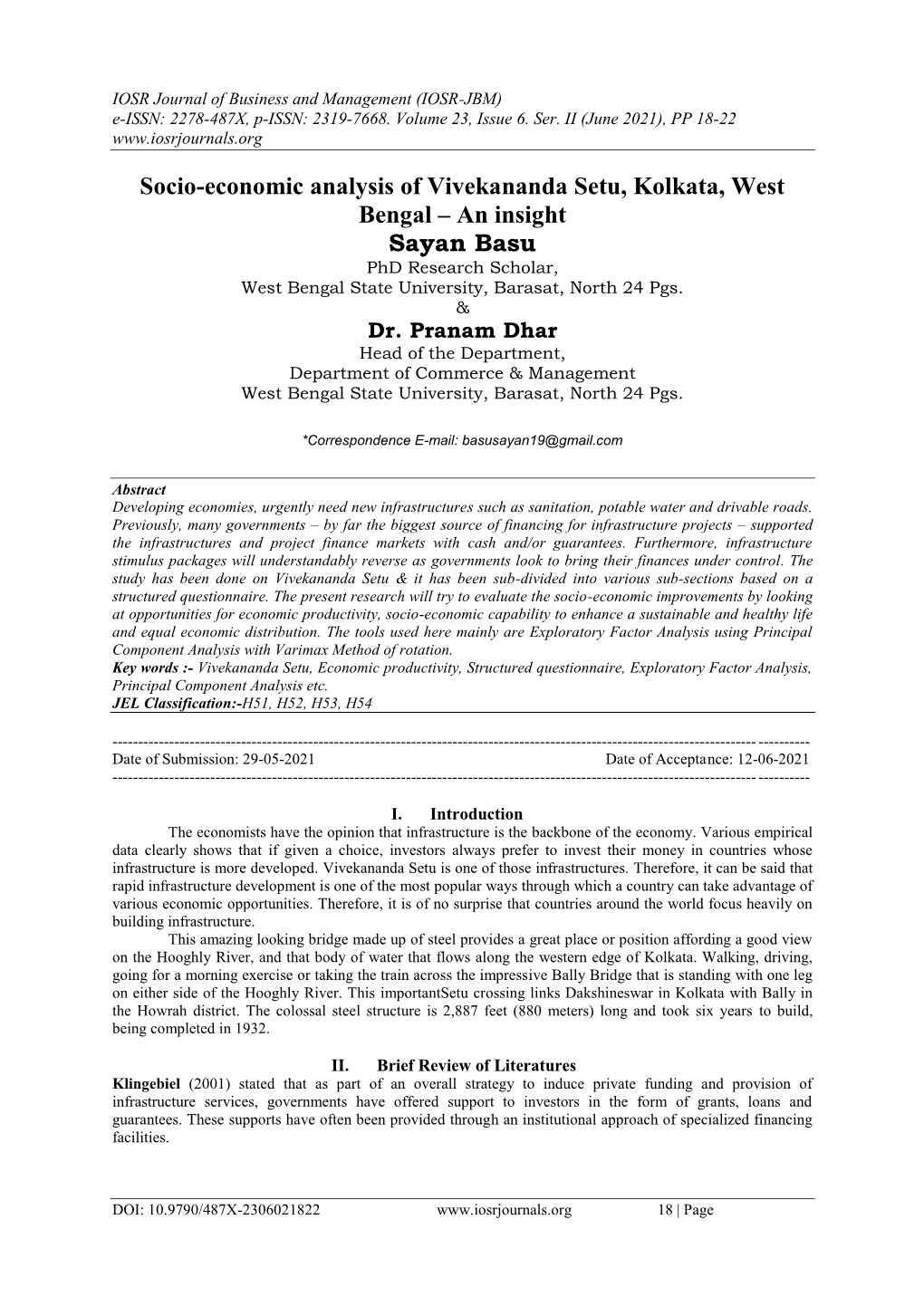 Socio-Economic Analysis of Vivekananda Setu, Kolkata, West Bengal – an Insight Sayan Basu Phd Research Scholar, West Bengal State University, Barasat, North 24 Pgs