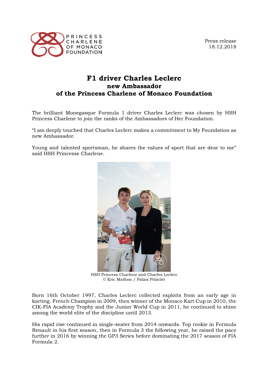 F1 Driver Charles Leclerc New Ambassador of the Princess Charlene of Monaco Foundation