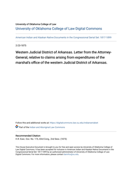 Western Judicial District of Arkansas. Letter from the Attorney-General, Relative to Claims Arising from Expenditures of The