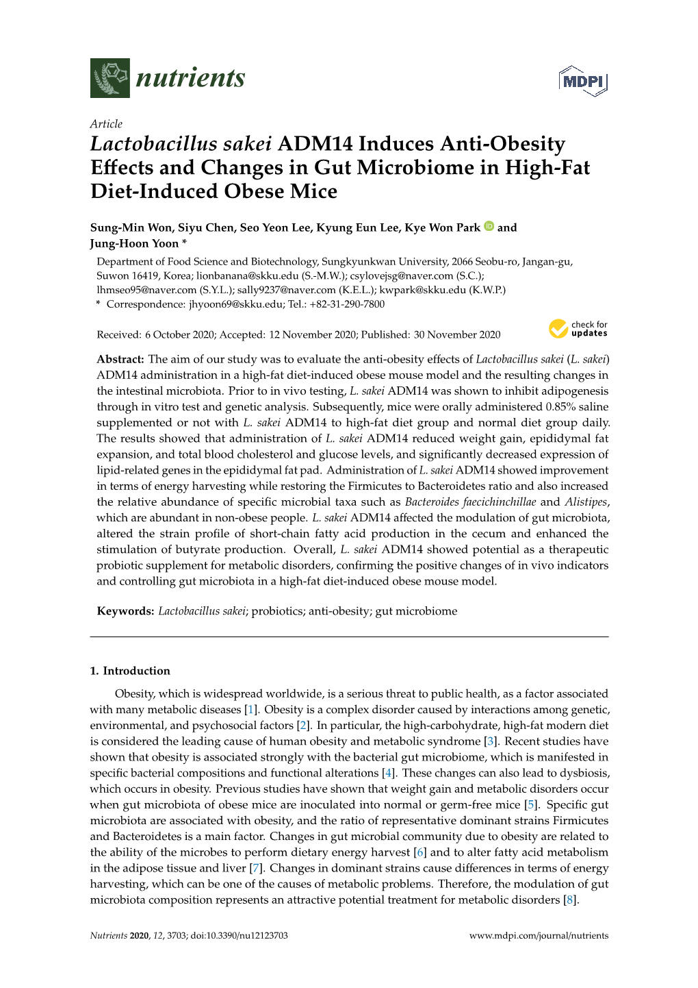 Lactobacillus Sakei ADM14 Induces Anti-Obesity Effects and Changes In