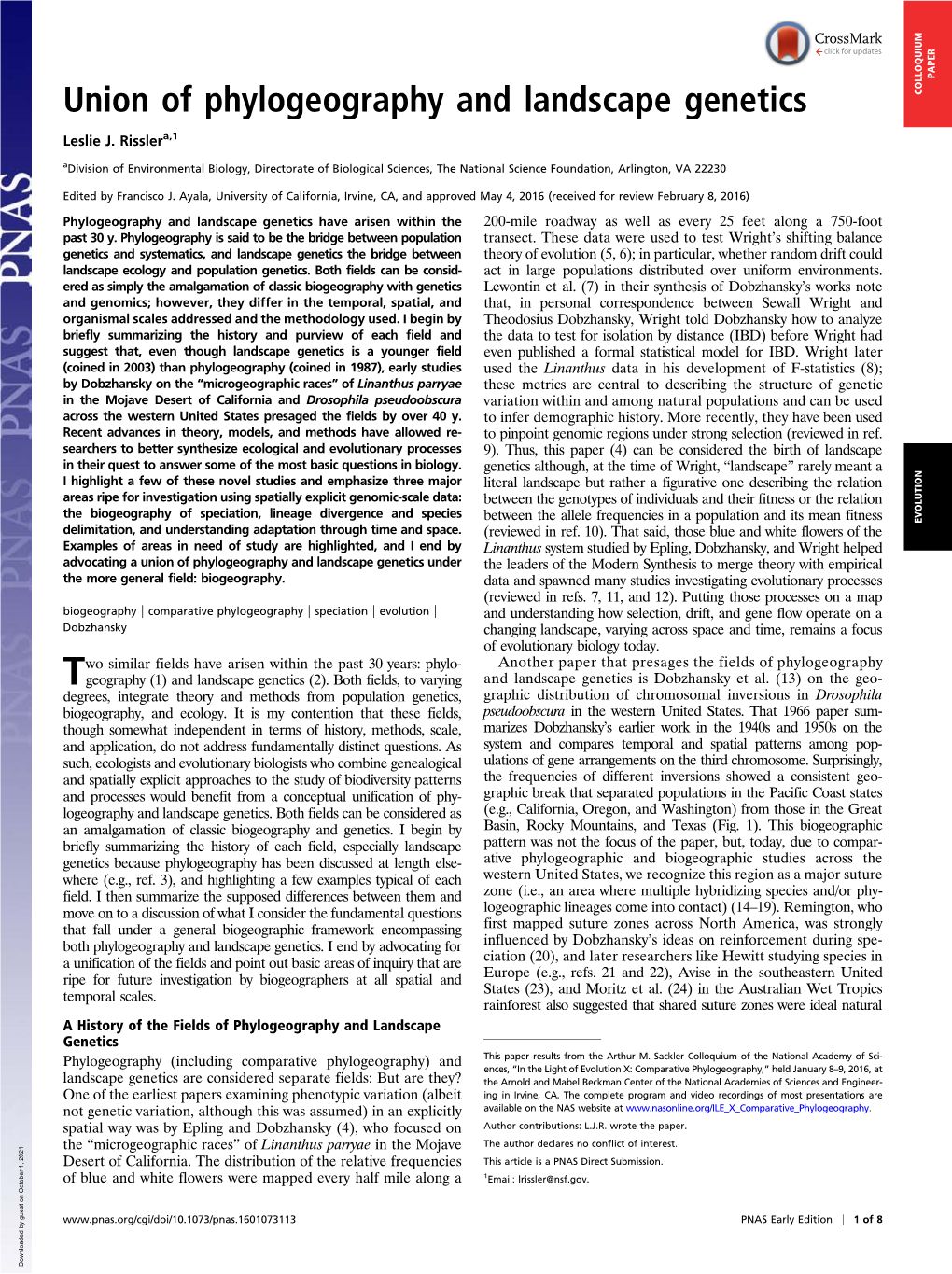 Union of Phylogeography and Landscape Genetics COLLOQUIUM