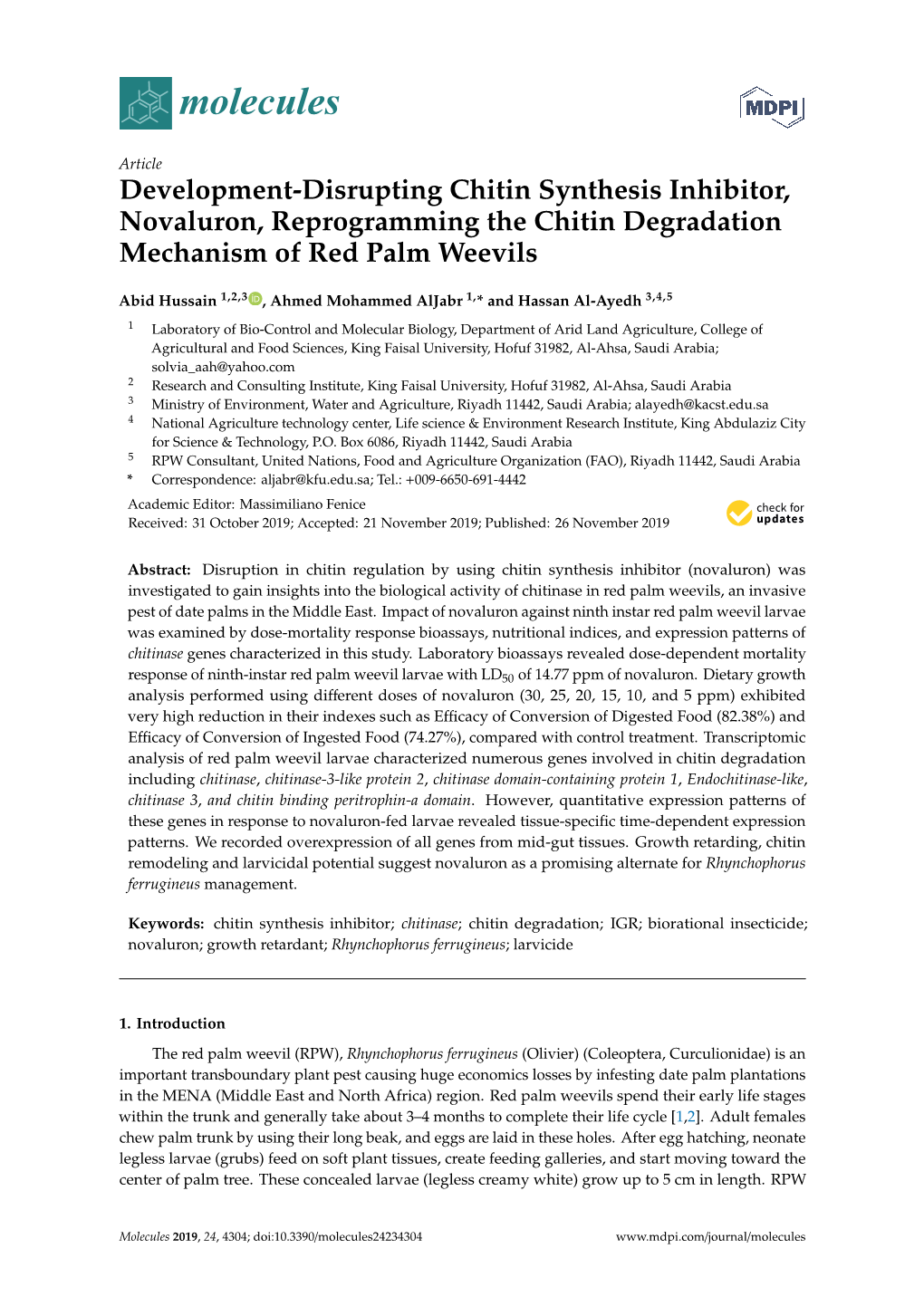 Development-Disrupting Chitin Synthesis Inhibitor, Novaluron, Reprogramming the Chitin Degradation Mechanism of Red Palm Weevils