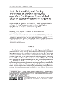 Host Plant Specificity and Feeding Preferences of Morpho Epistrophus Argentinus (Lepidoptera: Nymphalidae) Larvae in Coastal Woodlands of Argentina