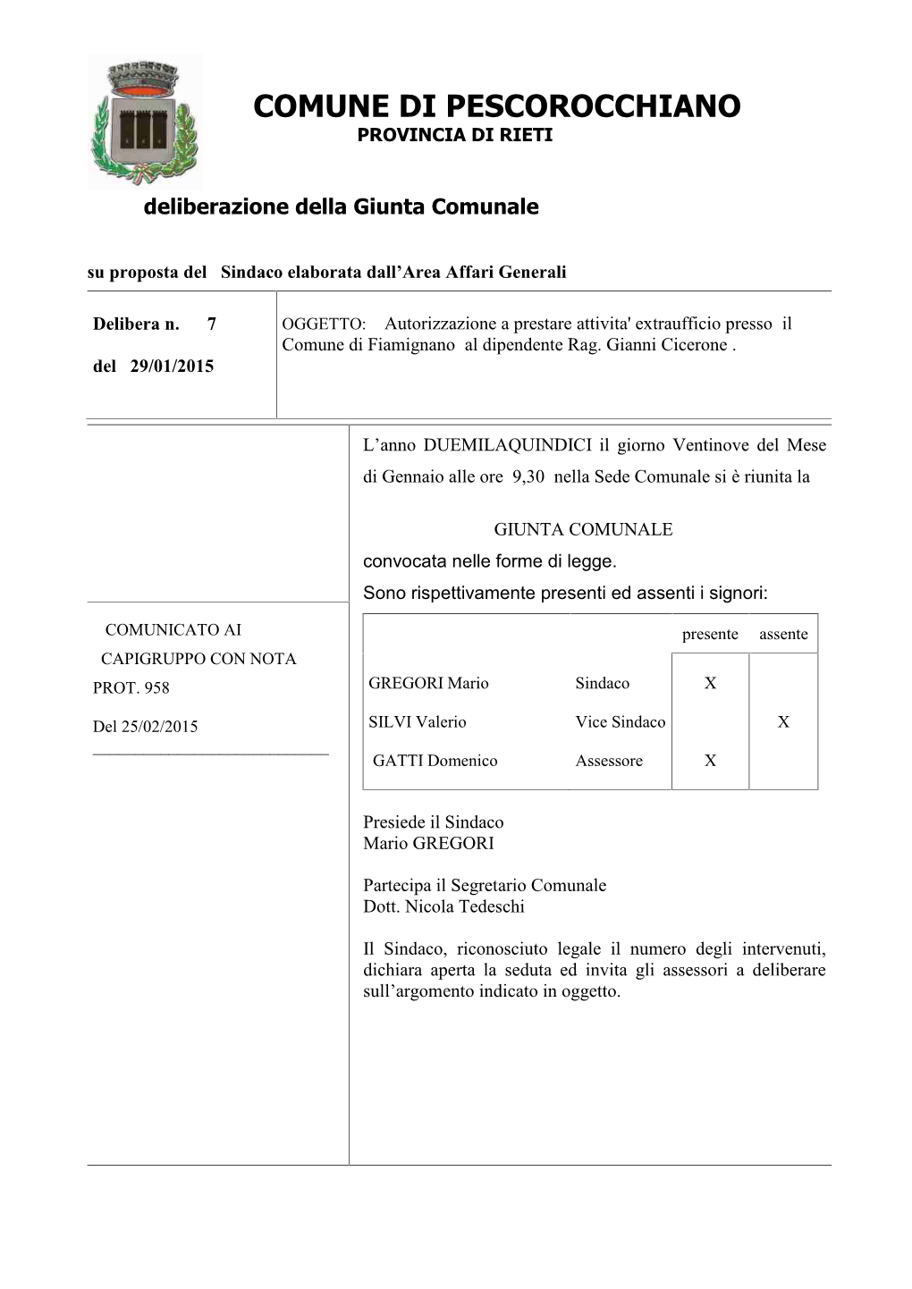 Comune Di Pescorocchiano Provincia Di Rieti