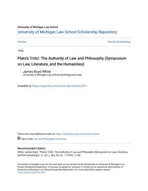 Plato's 'Crito': the Authority of Law and Philosophy (Symposium on Law, Literature, and the Humanities)