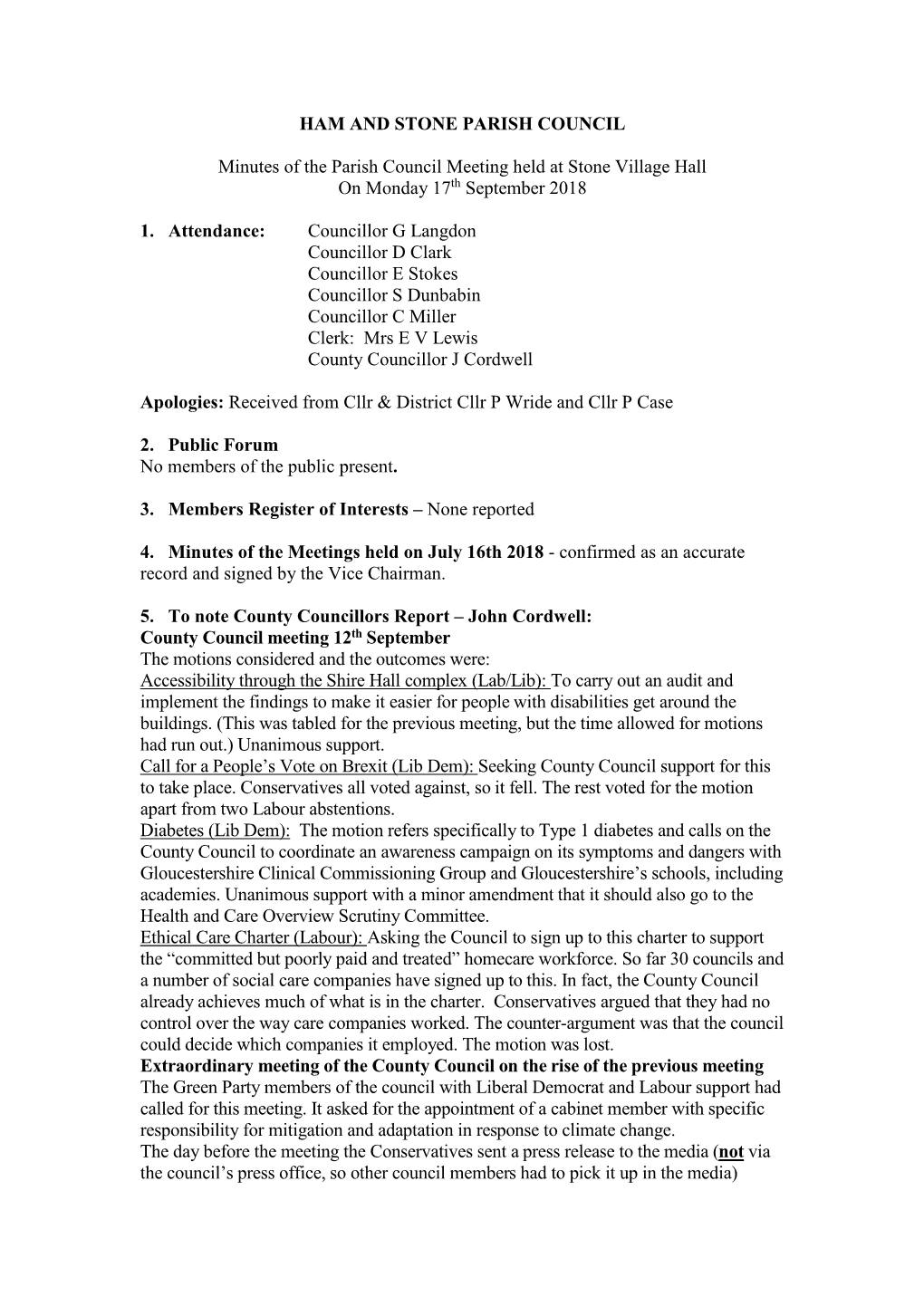 HAM and STONE PARISH COUNCIL Minutes of the Parish Council Meeting Held at Stone Village Hall on Monday 17Th September 2018 1