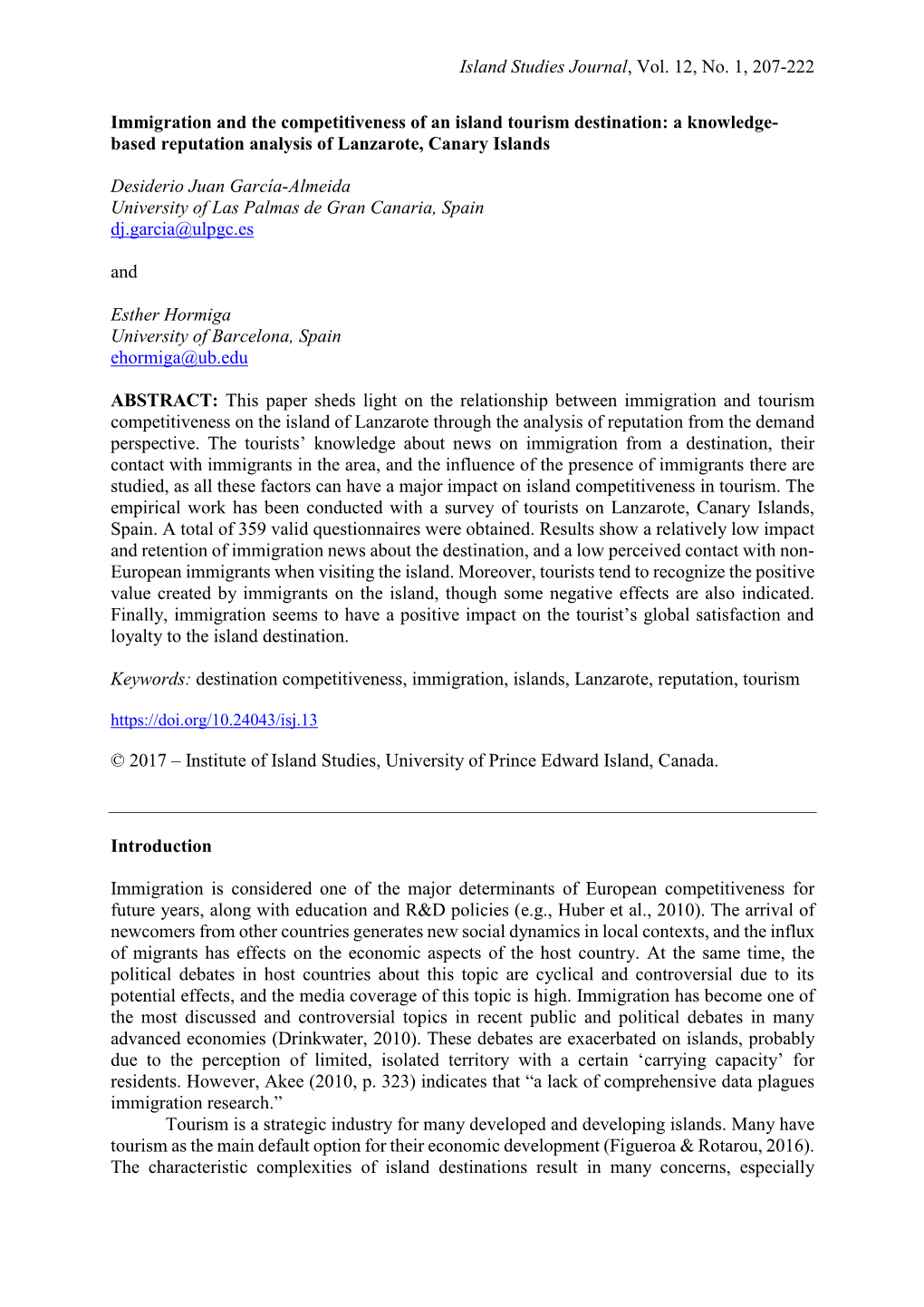 Island Studies Journal, Vol. 12, No. 1, 207-222 Immigration and the Competitiveness of an Island Tourism Destination: a Knowledg