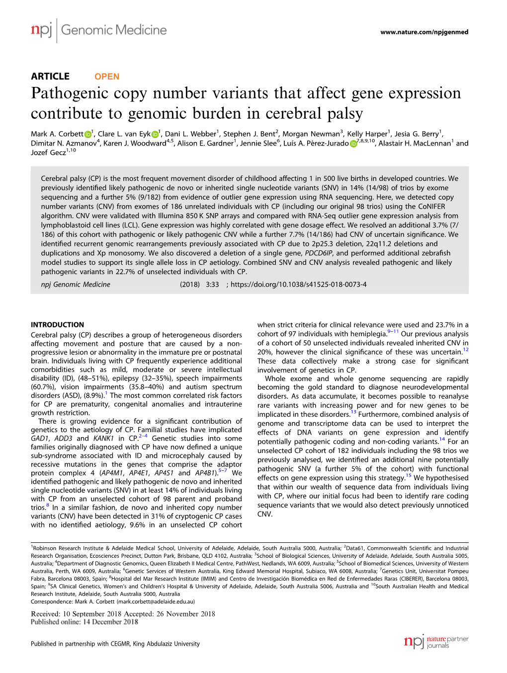 Pathogenic Copy Number Variants That Affect Gene Expression Contribute to Genomic Burden in Cerebral Palsy