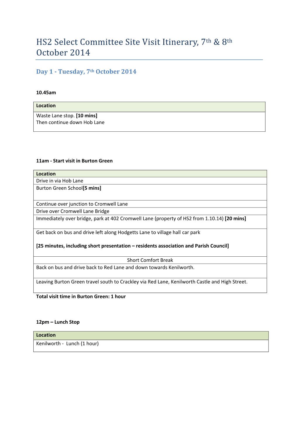 HS2 Select Committee Site Visit Itinerary, 7Th & 8Th October 2014