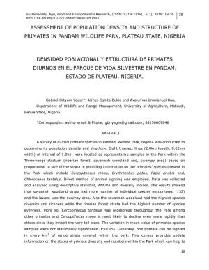 Assessment of Population Density and Structure of Primates in Pandam Wildlife Park, Plateau State, Nigeria