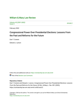 Congressional Power Over Presidential Elections: Lessons from the Past and Reforms for the Future